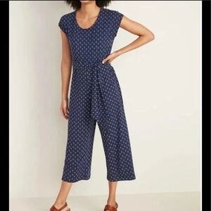 Old Navy Navy Blue Printed Cap-Sleeve Jumpsuit